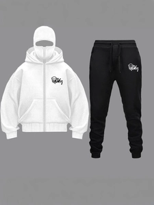 White balaclava hoodie and black joggers set featuring monster cartoon graphics