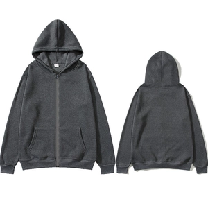 Front and back view of dark gray zip-up hoodie with fleece lining and ribbed cuffs