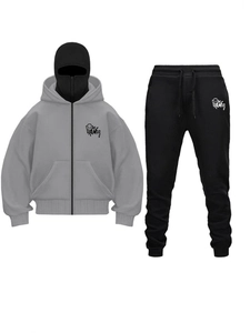 Detail of grey zip-up hoodie with balaclava and alien graphic on fleece joggers set
