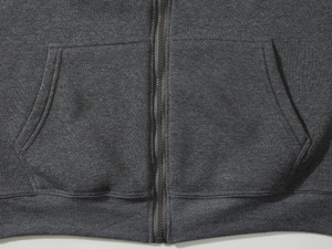 Detail of dark gray hoodie showing central zipper, kangaroo pocket, and ribbed hem texture