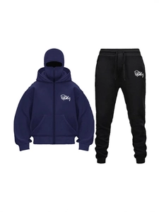 Navy blue full-zip hoodie with integrated mask and black joggers two-piece set