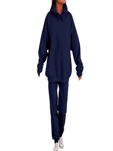 Men's navy blue tracksuit set featuring a hooded sweatshirt and jogger pants in a relaxed fit