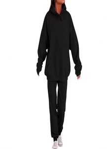 Men's solid black tracksuit featuring a drawstring hoodie and matching jogger pants set