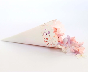 Detailed laser-cut hollow paper cone with pink flower petals for wedding decor