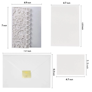 Detailed components of white laser-cut wedding invitation set with dimensions and gold seal