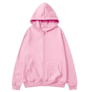 Detailed view of pink zip-up hoodie featuring split kangaroo pockets and ribbed cuffs