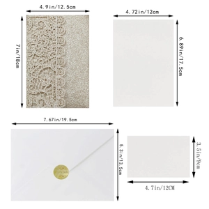 Detailed dimensions of glitter laser cut wedding invitation set with envelopes