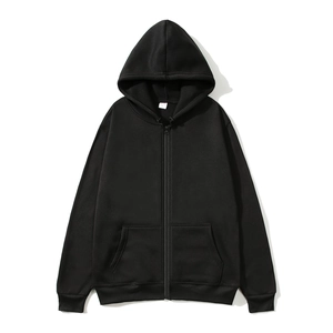 Close-up of a black zip-up hoodie showing metal zipper, ribbed cuffs, and inner size label