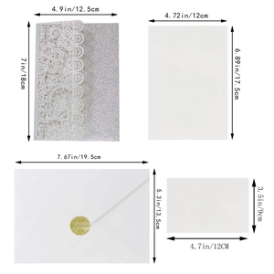 Detailed size guide for laser cut wedding invitations with glitter finish and inner cards