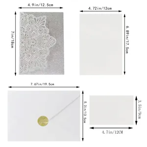 Detailed size guide for laser cut gold glitter wedding invitation set components