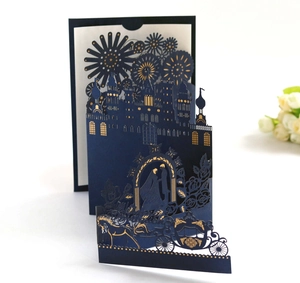 Exquisite laser cut 3D pop-up wedding card with gold foiled carriage and castle details
