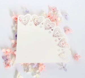 Detail of laser-cut white heart lace paper cones with elegant flower petals background