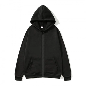 Classic black hooded zip-up sweatshirt with front pockets and ribbed cuffs