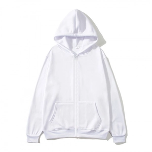 Unisex oversized white zip-up hoodie with fleece lining and minimalist drawstring hood