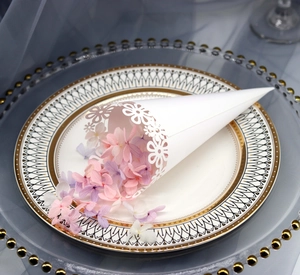 Macro view of white hollow lace paper cone with petals on an elegant ceramic plate