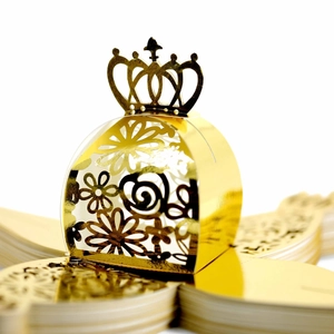 Laser cut mirror gold crown favor box with intricate floral hollow out pattern