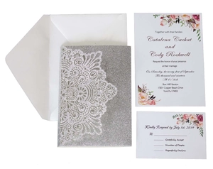 Silver laser cut wedding invitation set with glitter pocket, main card and envelope
