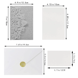 Laser-cut silver glitter wedding invitation set with detailed size dimensions