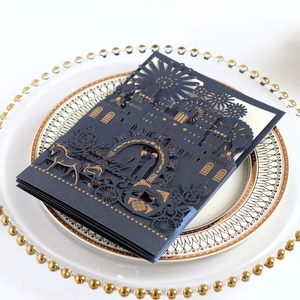 3D laser cut wedding invitation with blue castle, pumpkin carriage and star fireworks