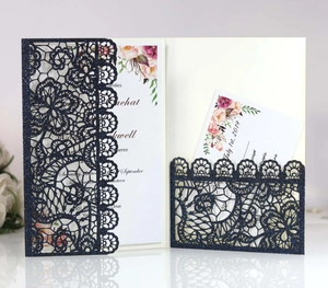 Macro detail of laser-cut lace pattern wedding invitation with glitter finish