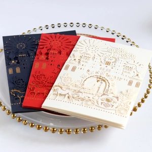 Elegant 3D laser cut wedding cards featuring castle and fireworks in three colors