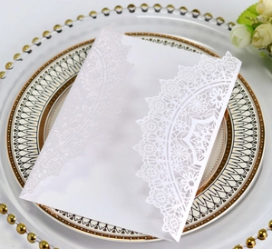 Intricate laser-cut lace edge detail on high-end cream white wedding invitation card