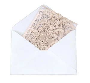 Detailed laser-cut floral pattern in pink on business wedding invitation with envelope
