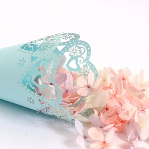 Cornets à fleurs en papier bleu clair ajouré au laser avec des pétales colorés