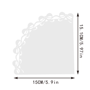 Detailed technical dimension view of white laser-cut paper cone with bow-knot lace patterns