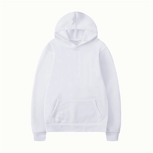 Klassischer einfarbiger weißer Kapuzenpullover mit Kängurutasche und Rippbündchen