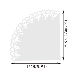 Detail of white heart laser-cut paper cone showing dimensions 15cm for wedding confetti