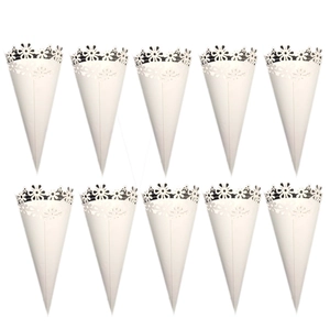 Set of 10 white laser-cut confetti cones for wedding petals with elegant floral lace