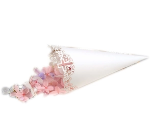Detailed laser-cut hollow cross patterns on white wedding petal paper cones