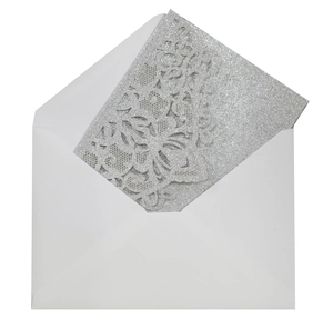 Detailed laser cut silver glitter wedding invitation card with butterfly and floral patterns