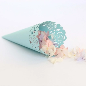 Light blue laser-cut rose hollow paper cone filled with colorful rose petals for weddings