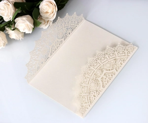 Detailed laser-cut hollow floral texture on cream white engagement invitation card cover