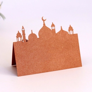 3D-Laserschnitt-Tischkarte mit Moschee-Silhouette in Roségold-Glitzer für Hochzeiten