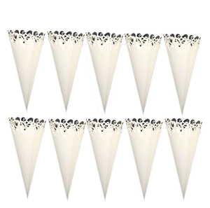 Detail of laser-cut heart pattern on white wedding confetti cones in a 10-piece set