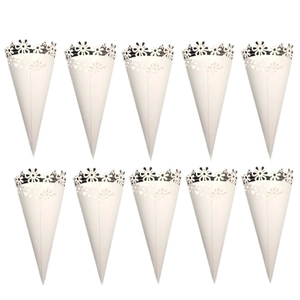 Set of 10 white laser-cut floral paper cones for wedding confetti and party snacks
