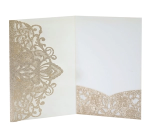 Laser cut lace wedding invitation cover in champagne gold glitter finish detail