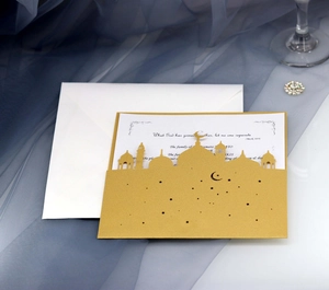 Golden laser-cut mosque and moon wedding invitation card with elegant inner page and envelope