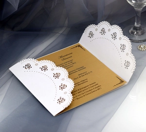 Elegant laser cut rose lace wedding invitation with kraft insert and romantic gauze background