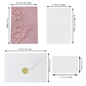 Laser cut glitter wedding invitation set with dimensions for cover, inner card and envelope