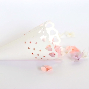 Laser cut white heart lace paper flower cones for wedding party petals and confetti