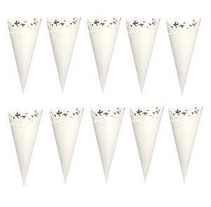 Set of 10 white laser cut paper wedding cones for flower petals and confetti