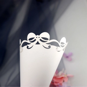 Elegant white laser-cut cone with bow lace design for wedding confetti and flower petals