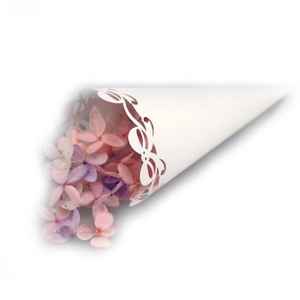 White laser-cut paper cones with hollow patterns for wedding petals and party favors