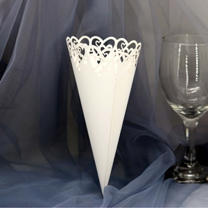 Elegant white laser-cut heart pattern paper wedding cones for flower petals or candy