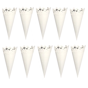 Set of 10 white laser cut paper confetti cones with floral hollow design for weddings