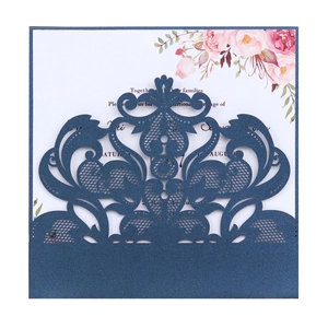 Laser cut navy blue glitter wedding invitation card with floral insert for hotel events
